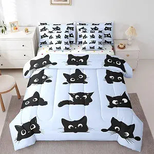 Erosebridal Cute Cat 7 Pcs Bedding Set Full for Boys Girls (Black and Blue)