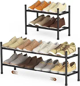 Uneviesyka Expandable Shoe Rack, 2 Tier Shoe Rack for Closet, Stackable Adjustable Standing Metal Shoe Shelf Organizer Storage, Small Shoe Racks for Front Door EntranceEntryway(Black)