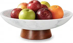 Marble Decorative Bowl, 11 Large Centerpiece for Table, Fruit Bowl for Kitchen Counter, Coffee Table or Entryway Decor, Natural Marble with Wood Base, Housewarming Gift - White