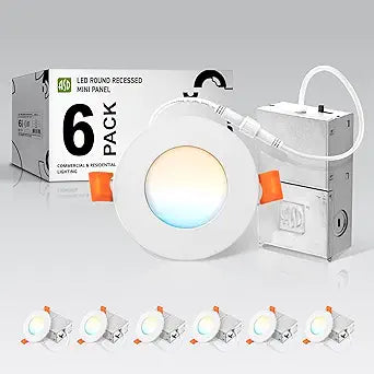ASD 6 Pack 3 Inch LED Recessed Light 6W, 5 CCT 2700K-5000K CRI90+, IC Rated Ultra Thin Dimmable Ceiling Lights with J Box, Canless Wafer Downlight, Round Slim Panel Lighting, UL Energy Star, White