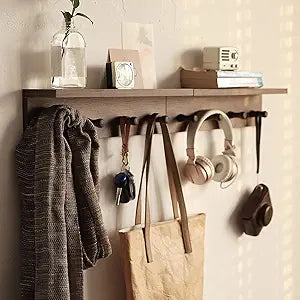 Entrance Coat Rack Coat Hooks, Wall-Mounted Wooden Hook Rack, Wall-Mounted Shelves are Very Suitable (Walnut Color FinishA-2)