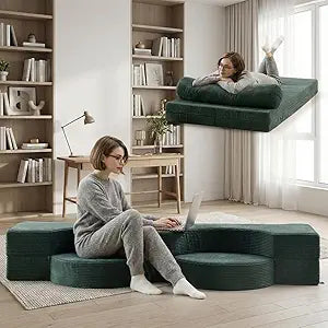 75" Folding Sofa Bed Convertible Futon, Twin Size Sleeper Couch, Washable Velvet Corduroy Cover & High-Density Foam, 2-in-1 Floor Mattress, No Assembly for Living Room/Dorm Green