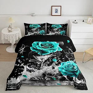 Feelyou Teal Rose Bedding Set Queen Size Romantic Floral Blossom Comforter Set for Adult Black Teal Comforter Reflection on Water Quilt Set 3Pcs