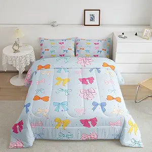 Blue Bowknots Kids Full Comforter Sets,Chic Bowknot Girls Woman Reversible Bedding Set for Children,Cute Girly Colorful Bow Tie Quilt Set 3 PCS,Girly Princess Style Duvet Insert,2 Pillow Cases