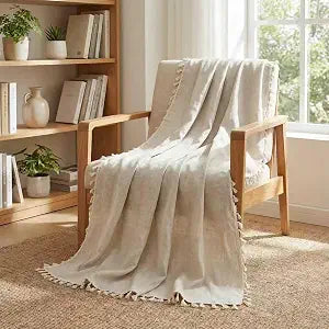 100% Linen Throw Blanket 50x60 Inch, Lightweight Boho Decorative Blanket for Couch Bed Sofa, French Country Style with All Edge Tassels, Farmhouse Living Room Decor