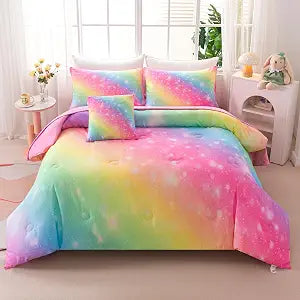 6Pcs Twin Size Comforter Set for Girls Kids, Gradient Rainbow Glitter Girls Bedding Set with Sheets, Soft & Breathable Kids Bed for Gift Bedroom Decor