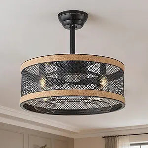 20in Fandelier Caged Ceiling Fan with Light,6 Speeds Low Profile Ceiling Fan with Light and Remote,for Bedroom,Kitchen,Ourdoor,Patio(Black)