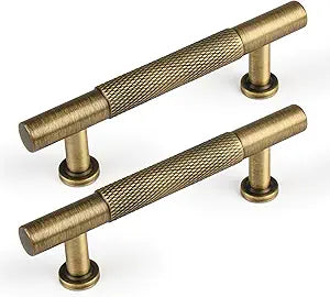 -3 Inch (76mm) Brass Knurled Kitchen Cabinet Handles, 5 Pack Antique Brass Vanity Dresser Drawer Puls, Modern Bathroom Cabinet Furniture Handles Wardrobe Furniture Door Hardware