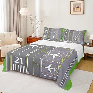 Airplane Bed Sheet 4 Piece,Airplane Sheets Full Size Bed Set,Airport Runway Bedding Set with Flat,Fitted Sheet,2 Pillow Cases