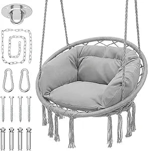 Monibloom Hanging Hammock Chair with Full Cushion, Adults Indoor Hammock Swing with Max 350 Lbs Capacity, Outdoor Macrame Hanging Chair with Boho Tassels, Home Accent Furniture Chair Swing, Grey