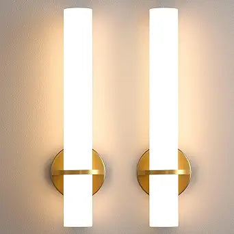 AIJIASI Gold Bathroom Wall Sconces Set of 2: 18 Inch Modern Sconces Wall Lighting 18W LED Dimmable Wall Light with Acrylic Lampshade, Brushed Gold Sconces for Bedroom Living Room Hallway (Hardwired)