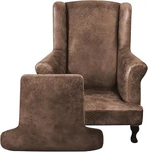ANARACHON Leather Look Wingback Chair Covers, 2-Piece Wing Chair slipcover,Stretch Wing Back Armchair Slipcovers with Elastic Bottom, Soft Spandex Furniture Protector for Living Room (Light Brown #2)