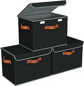Univivi Heavy Duty Fabric Storage Bins with Lid, Large 17" 10 Gallon Stackable Storage Cube with Leather Handles, Decorative Storage Boxes with Lids for Bedroom, Closet, Nursery, Office, 3-Pack(Black)