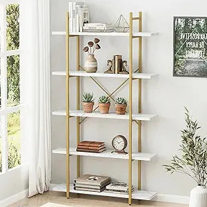 5 Tiers Bookshelf Organizer White Faux Marble Shelf,Modern Open Display Storage Bookcase, and Metal Bookshelf Standing Storage Shelf Tall Shelving Units for Home Office Study