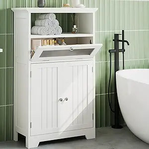 ChooChoo Bathroom Floor Storage Cabinet with Flip Glass Drawer, Freestanding with 2 Doors, Adjustable Shelf & Open Storage for Living Room, Hallway, White
