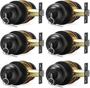 6 Pack Door Knob with Lock, Keyed Different Entry Door Knobs, Interior and Exterior Round Ball Door Lock for Front Bedroom or Bathroom, Door Knobs Matte Black Finish