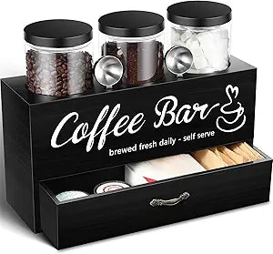 3 Pcs Coffee Bar Containers Set Include Coffee Sugar Container with Lid and Spoon and Double Layer Storage Box with Drawer for Bar Kitchen Countertop(Black)