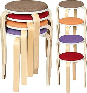 Thyle 4 Pcs Stackable Stools Wooden Stools 16.5" Round Upholstered Backless Chair Extra Seating Nesting Colorful Flexible Seating Chairs for Home Office Room Backyard Kitchen Apartment (Fresh Color)