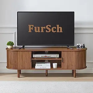 FurSch 53" Tambour Door TV Stand,Wood Mid Century Modern TV Cabinet for Up to 65 TV,Curved Edge Long TV Stand with Storage for Bedroom Living Room(Walnut, 53inch)