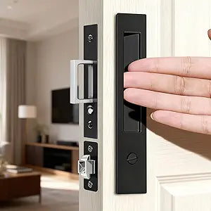 Pocket Door Lock,Pocket Door Hardware with Lock,Pop-Up Sliding Door Handle for Pocket,Bedroom,Bathroom Doors,to Doors 1 5/12" to 2 2/8" Thick (Black)