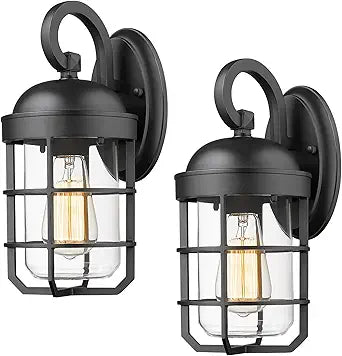 Outdoor Wall Light Fixtures for House, Black Outdoor Porch Lights Wall Mount with Clear Glass, Industrial Lantern Cage Exterior Lighting Fixtures for Front Door, Garage, Patio, Set of 2