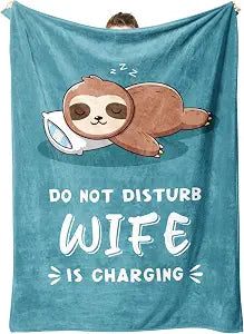 Leebbsin Funny Gifts for Wife Christmas, Anniversary Wedding Gifts for Wife, Wifey is Charging Sloth Blanket, Birthday Gift for Wifey from Husband, Valentines Day Gift for Her, Cyan, 60" x 80"