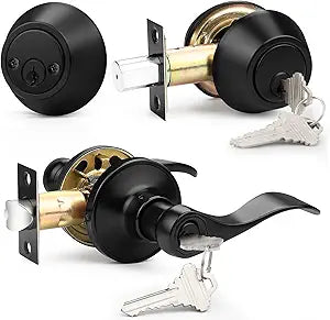 Probrico Entrance Lever Door Handle, Reversible for Right and Left Side, Double Cylinder deadbolt Set, Flat Black Finish Keyed Alike Combo 1 Pack