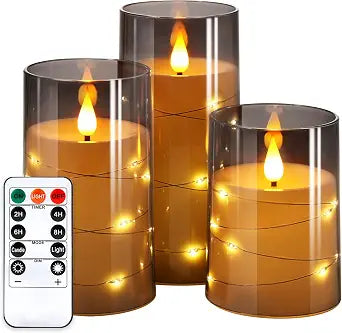 NURADA Flickering Flameless Candles: Built-in Star String Lights 3D Wick Acrylic Battery Operated LED Pillar Candles with Remote and Timer for Fall Halloween Christmas Home Decoration - 3 Pack Gray