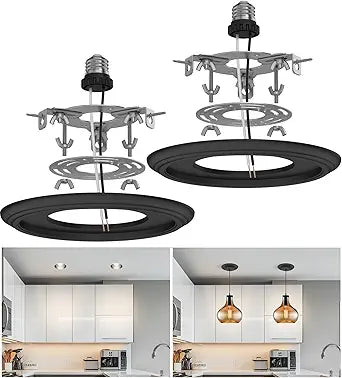 5" and 6" Recessed Can Light Conversion Kit 2-Pack, Light Fixture Upgrade, Pendant Light, Fan Compatible, Includes 7 Inch Decorative Plastic Medallion, Black Finish
