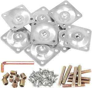 Glarks 8 Sets Sliver Furniture Leg Mounting Plates Set, 8Pcs Leg Attachment Plates with 8pcs 50mm Hanger Bolts, 32pcs Screws, 8 Pcs M8 Insert Nut for Furniture Sofa Couches Seats