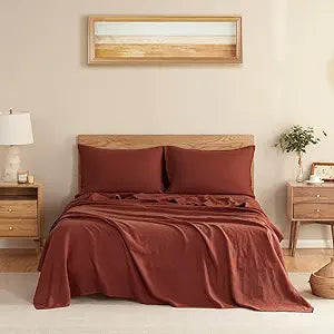DAPU Pure Linen Sheets Set, 100% French Linen from Normandy, Breathable and Durable for Hot Sleepers, 4 Pcs Set - 1 Flat Sheet, 1 Fitted Sheet, 2 Pillowcases (Rust Red, Queen)