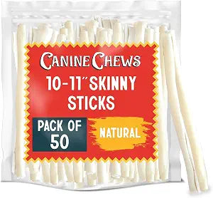 Canine Chews 10-11" Retriever Stick Rolls Rawhide for Dogs Skinny Sticks for Small Aggressive Chewing Dogs (50 Pack)