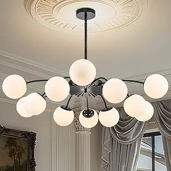 Longree 12-Light Black and White Sputnik Chandeliers with Blossom Accent Milk Glass Bubble Pendant Lighting, Mid Century Opal Glass Ceiling Light Fixture for Dining Hallway Living