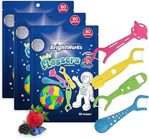 BrightWorks Kids Floss Picks 240ct Space Shapes Fluoride 3 Packs