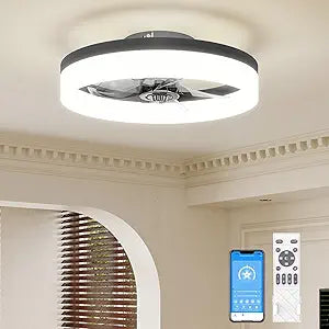 VOLISUN Low Profile Ceiling Fans with Lights and Remote, 15.7in Fandelier Ceiling Fan with Light, 3000K-6500K Dimmable Bladeless LED Fan Light, Black Flush Mount Ceiling Fans with Lights for Bedroom