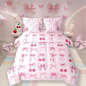 Pink Cherry Bow 7 Piece Comforter Set Full Bed in a Bag,Cute Silk Ribbon Bowknot Bedding Set,Princess Bow Tie Comforter and Sheet Set Dreamy Kawaii Bed Set,Girly Light Pink Room Decor Aesthetic