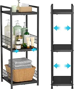 DAOUTIME 3-Tier Metal Shelving Unit, Expandable, Free-Standing, Narrow, Open Floor Shelves, Ideal for Bathroom, Kitchen, Laundry, Storage, Organization