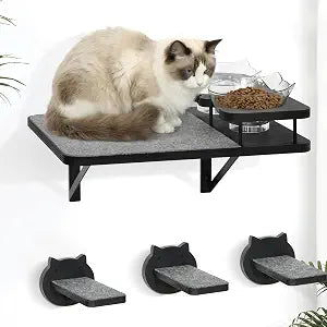 Cat Wall Shelves Furniture Set with 2 Food Bowls, Wooden Cat Climbing Wall Systems with Scratching Pad and 3 Steps, Floating Shelves Bed Perches Wall Mounted for Indoor Fit Up to 15Lbs (Black)