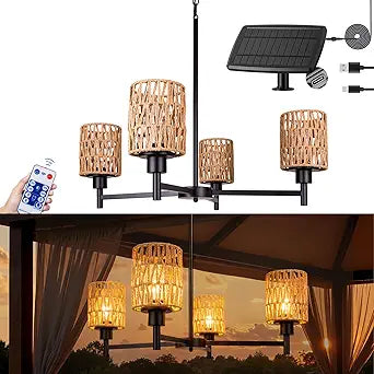 Solar Chandelier Outdoor, 4-Light 28" Hanging Pendant Lights, Rattan Waterproof Dimmable, Outdoor Chandelier for Gazebo, Pergola, Porch, Patio