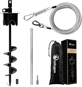 Dog Tie Out Cable & Stake with Lock-Cap, Heavy Duty Dog Stake for Outside with Shock Spring, 20FT Rust Proof Leash and Stakes for Yard, Beach, Camping 350 LBS, Black