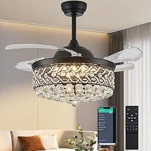 DuMaiWay 36" Modern Black Retractable Blades Ceiling Fan with Lights, Dimmable Fandeliers, Crystal Chandelier Fan Light Kit for Bedroom Kitchen Island