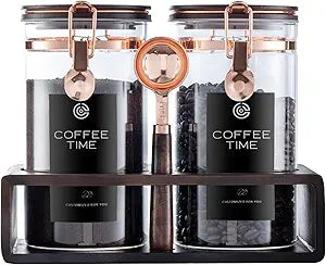 Glass Coffee Canister Set with Wooden Shelf, 2 Pack 45oz Airtight Food Storage Containers with Lids & Spoons, Large nisters for Coffee Beans, Sugar, Tea, Nuts