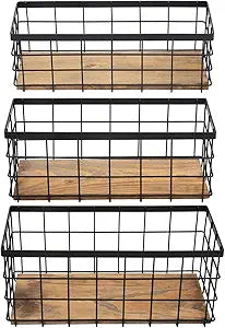TIEYIPIN Farmhouse Decor Metal Wire Storage Baskets, Wood Base Containers Organizing Basket Caddy Bin for Kitchen Cabinets, Bathroom, Pantry, Garage, Laundry Room, Closets - Small - Black (Set of 3)