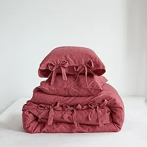 Simple&Opulence 100% French Linen Duvet Cover Set, 3 Pieces Belgian Flax Breathable Bedding, Queen Size 88''x92'' (1 Comforter Cover+2 Pillowshams) with Tie Closure Style, Red