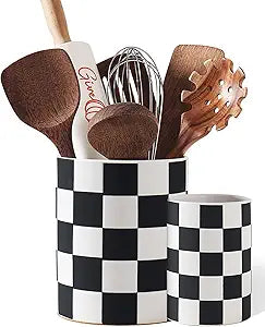 Checkered Kitchen Utensil Holder - 7.1"+5.8" Ceramic Utensil Crock for Countertop, Kitchen Decor and Accessories for counte (Black)