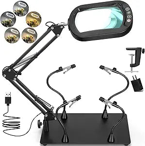 Drdefi Helping Hands Soldering Station, 10X Square Magnifying Glass with Light and Stand, 4 Magnetic Third Hands Soldering Tool, PCB Holder Solder Magnifier Desk Lamp for Soldering Electronic Repair