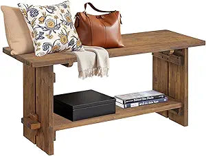 Alaterre Furniture Bethel Entryway Bench with Storage Shelf  Rustic Farmhouse 40-Inch Solid Acacia Wood Seat for Mudroom, Foyer or Hallway (Natural Aged Brown)