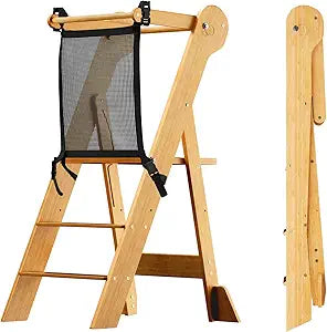 COSYLAND Foldable Toddler Kitchen Stool Helper - Height Adjustable Standing Tower for Bathroom Sink or Kitchen Counter - Step Stool for Toddlers Ages 18 Months to 6 Years Natural