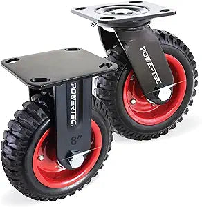 POWERTEC 8 Inch Caster Wheels Set of 2 (1 Swivel & 1 Fixed), Heavy Duty Casters w/Rubber Knobby Tread for Workbench, Dolly, Cart, Trolley, Wagon, Toolbox and Chicken Coop, Large Castor Wheels (17057)