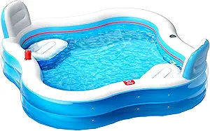 QPAU Inflatable Swimming Pool with 2 Seats and Backrests, 80" L x 80" W x 16.5" D Large Full-Sized Family Pools for Kids and Adults for Backyard, Garden, Outdoors, Clear Blue